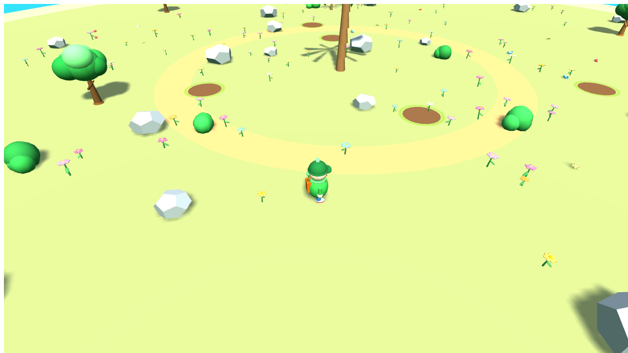 Clean Garden gameplay showing the player avatar in a bright 3D garden with flowers, trees, rocks, and planting patches.